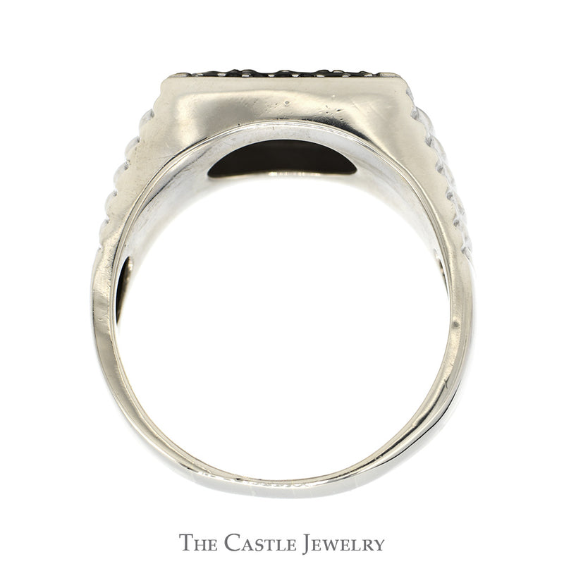 1cttw Diamond Cluster Ring with Black Diamond Bezel and Ridged Sides in 10k White Gold