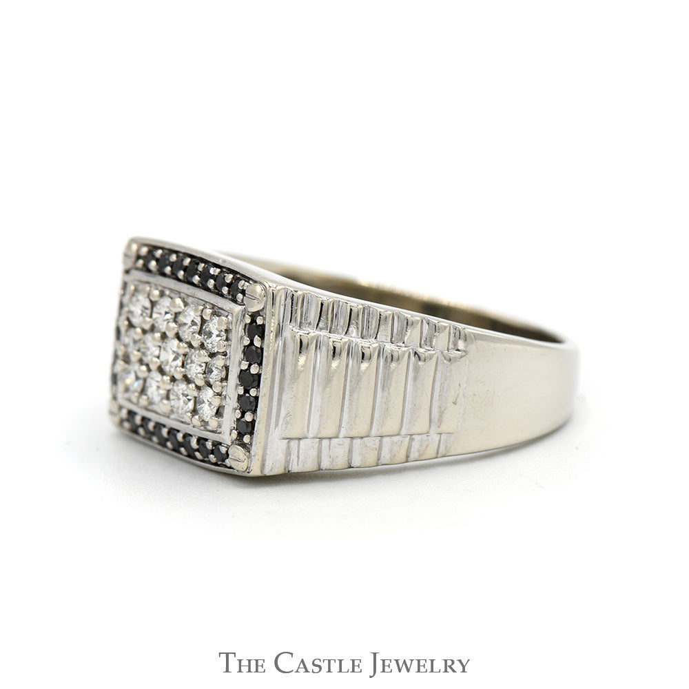 1cttw Diamond Cluster Ring with Black Diamond Bezel and Ridged Sides in 10k White Gold