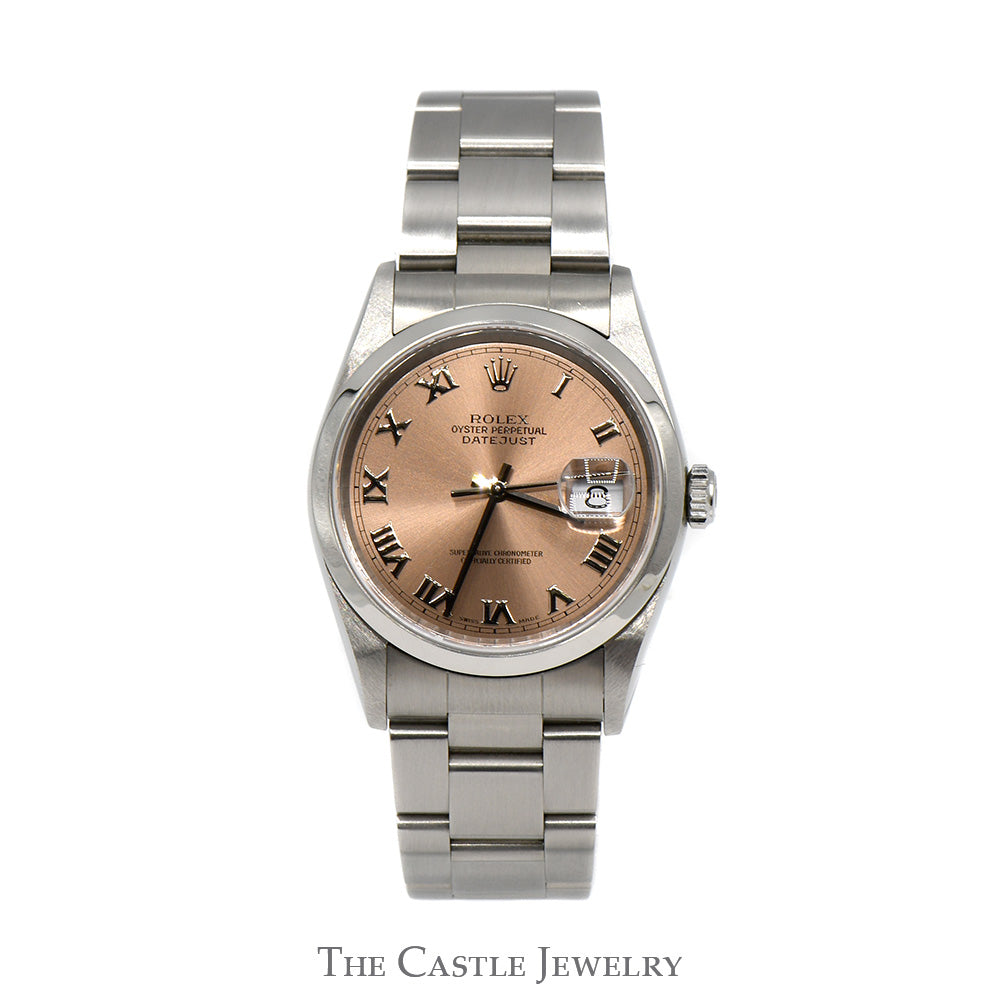 Rolex Datejust 16200 with Rose Dial and Roman Numeral Hour Markers on Oyster Bracelet