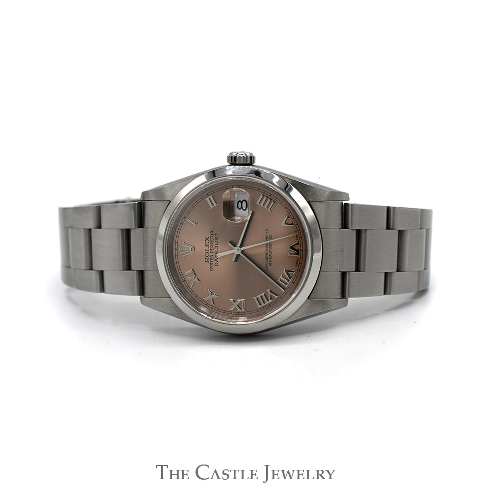 Rolex Datejust 16200 with Rose Dial and Roman Numeral Hour Markers on Oyster Bracelet