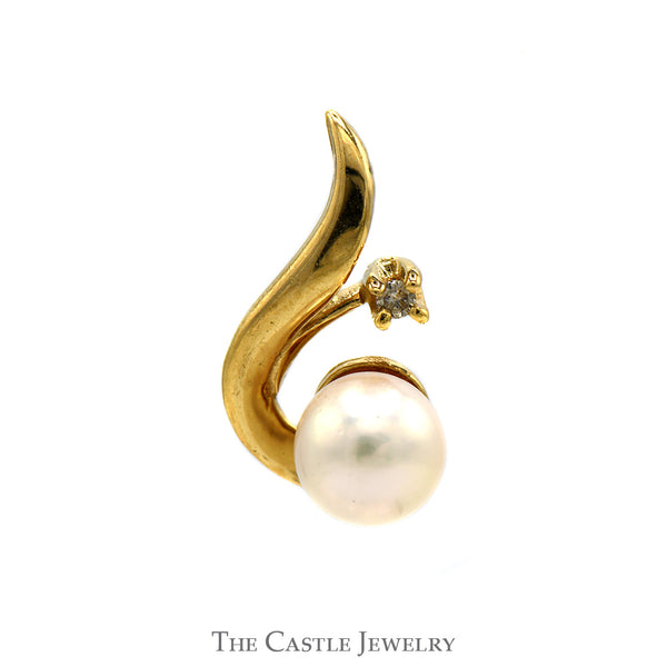 Round White Pearl Pendant with Diamond Accents in Swirled 14k Yellow Gold