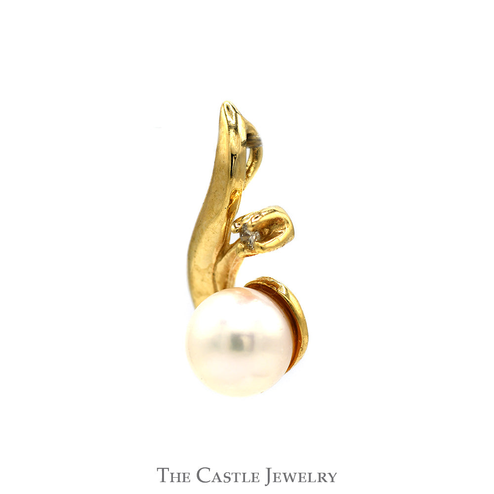 Round White Pearl Pendant with Diamond Accents in Swirled 14k Yellow Gold