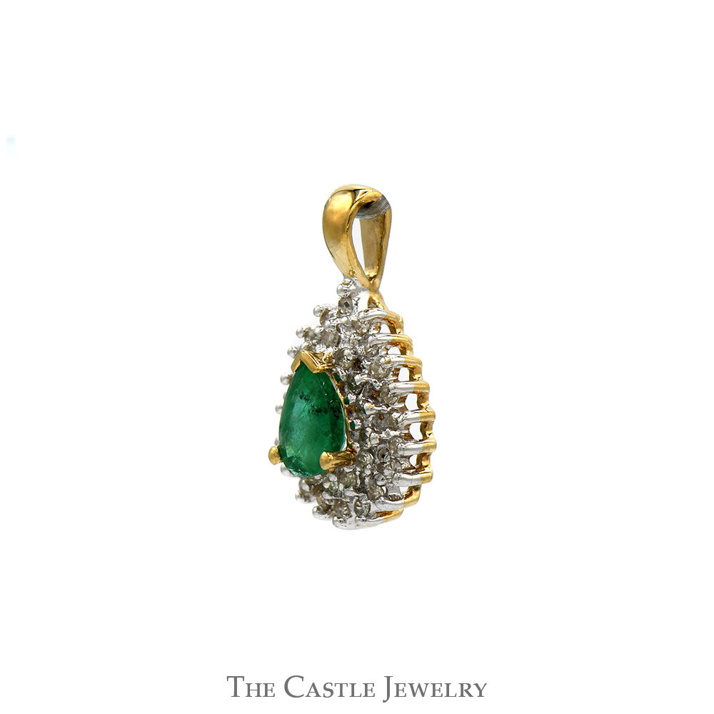 Elegant Pear Cut Emerald Pendant with Diamond Cluster in 10k Yellow Gold