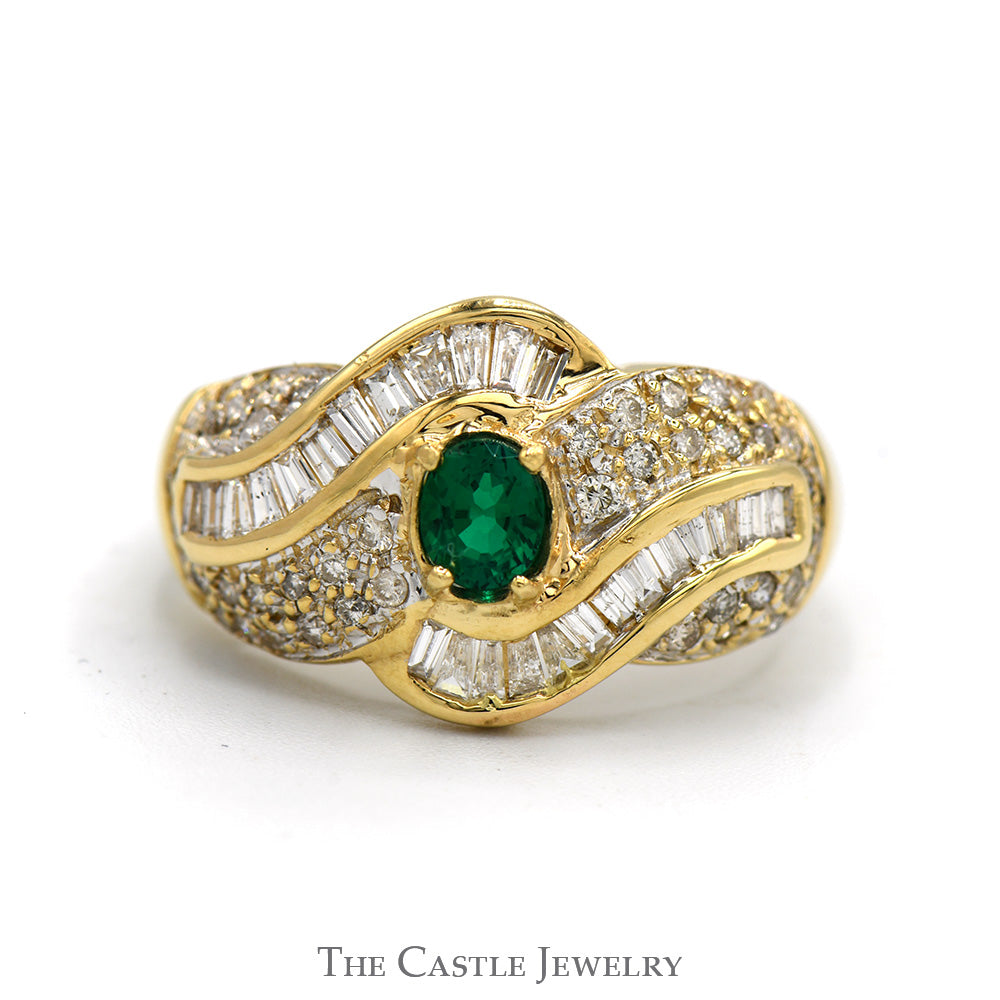 Oval Emerald Ring with Baguette and Round Diamond Accents in 14k Yellow Gold