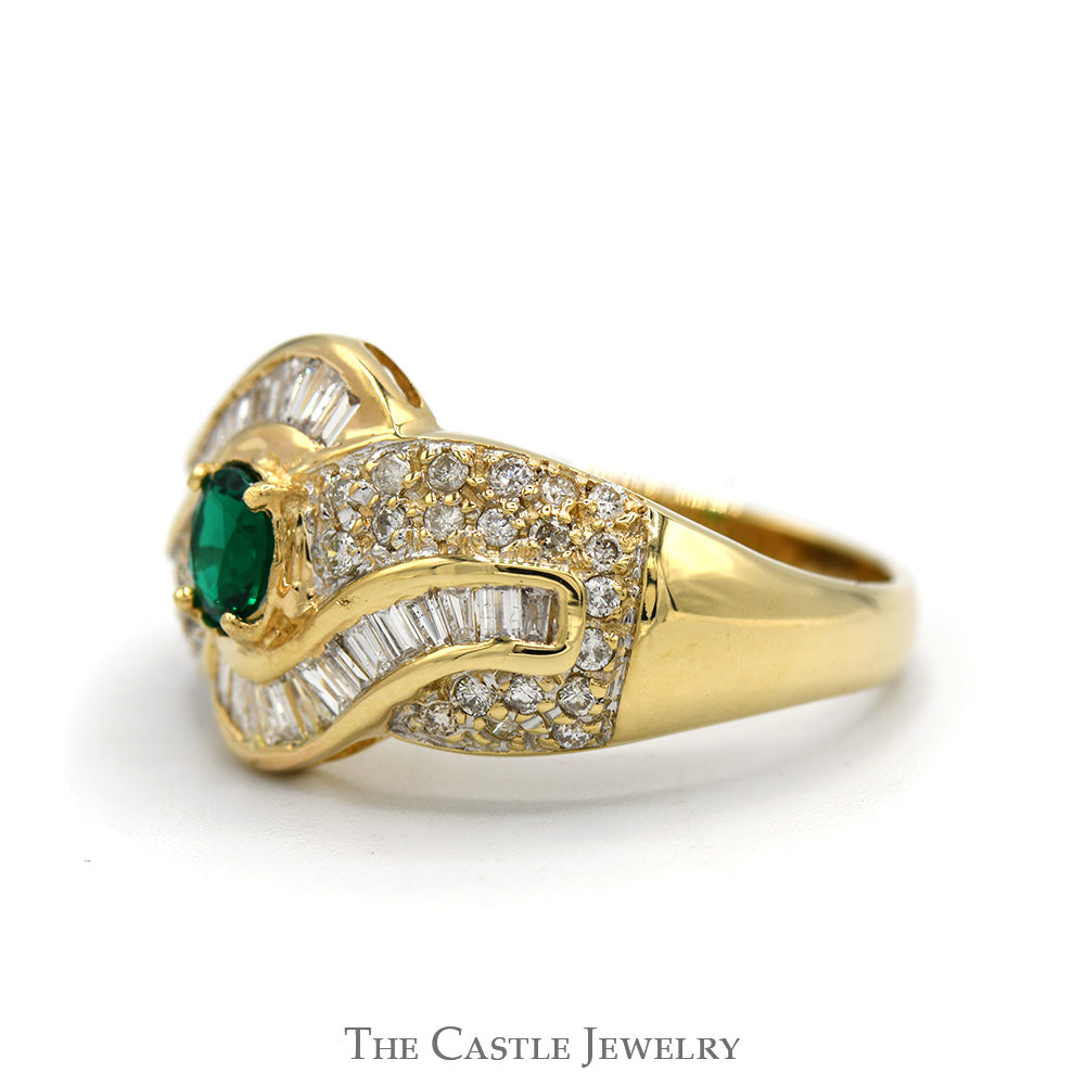 Oval Emerald Ring with Baguette and Round Diamond Accents in 14k Yellow Gold