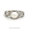 Round White Pearl Ring with Diamond Accented Twisted Sides in 10k White Gold - Thumbnail 1