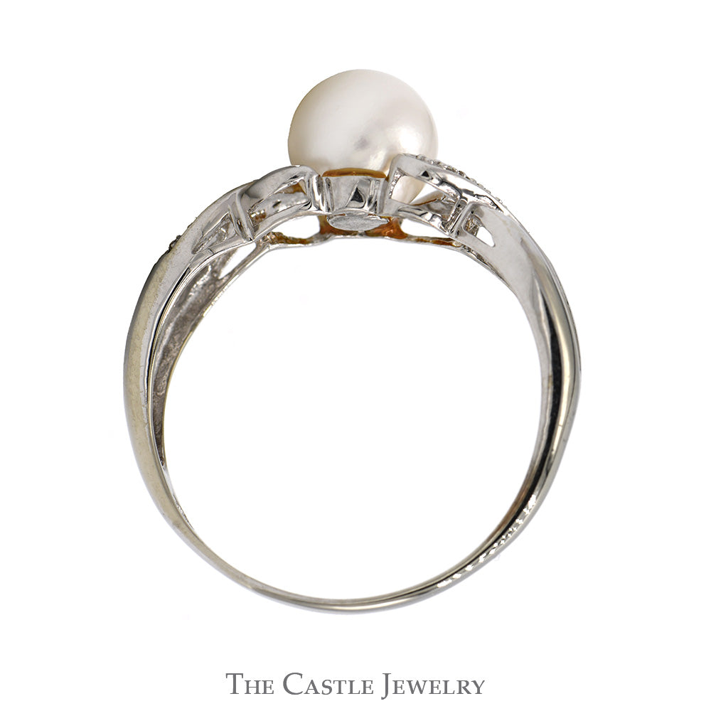 Round White Pearl Ring with Diamond Accented Twisted Sides in 10k White Gold