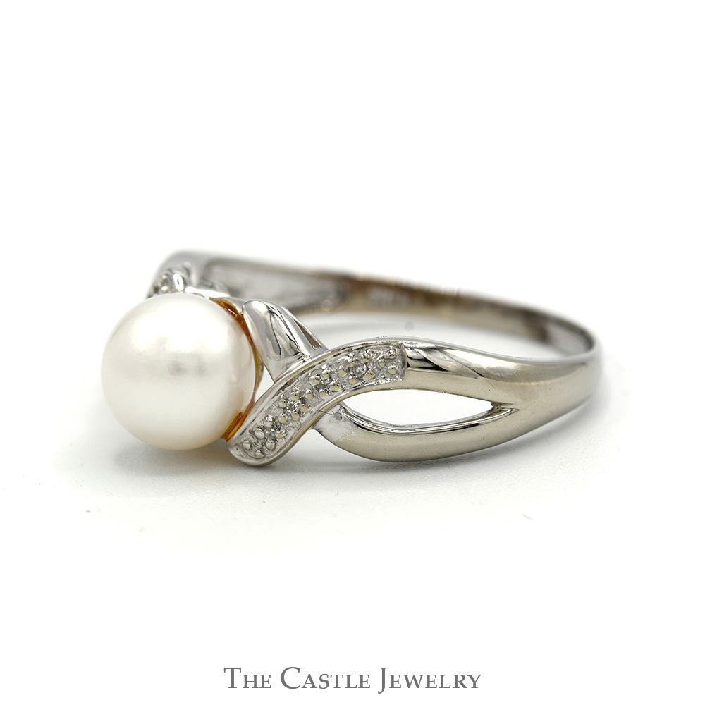 Round White Pearl Ring with Diamond Accented Twisted Sides in 10k White Gold