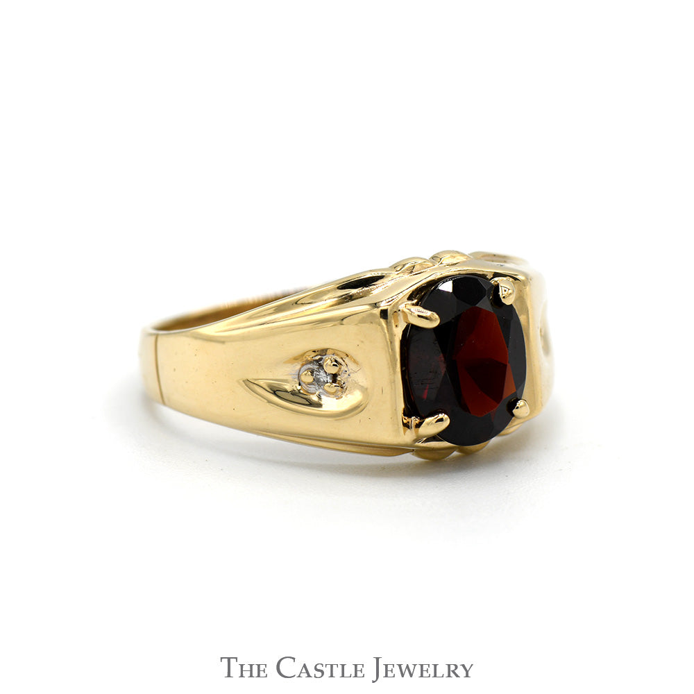 Oval Cut Garnet Solitaire with Illusion Set Diamond Accents in 10k Yellow Gold