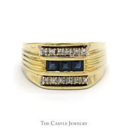 Men's Square Sapphire Ring with Diamond Accents in 14k Yellow Gold Ridged Setting