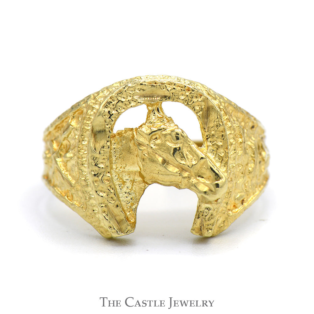 Horse Head Inside Horseshoe Designed Ring in 10k Yellow Gold