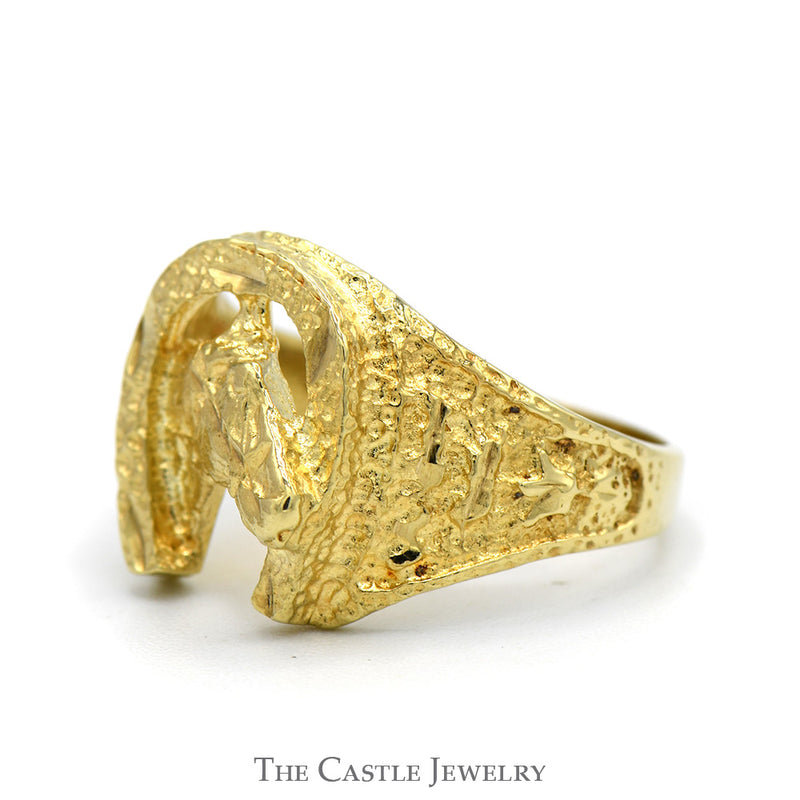 Horse Head Inside Horseshoe Designed Ring in 10k Yellow Gold