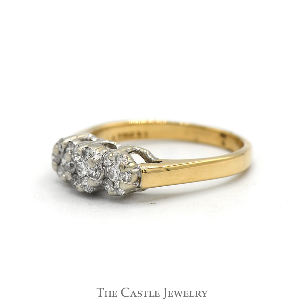 Triple Round Flower Diamond Cluster Ring in 14k Yellow Gold