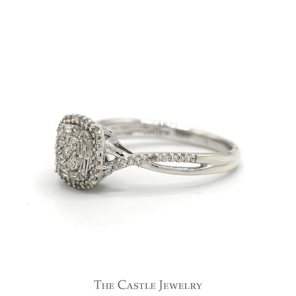 Square Shaped Round and Baguette Cut Diamond Cluster Engagement Ring in 10k White Gold