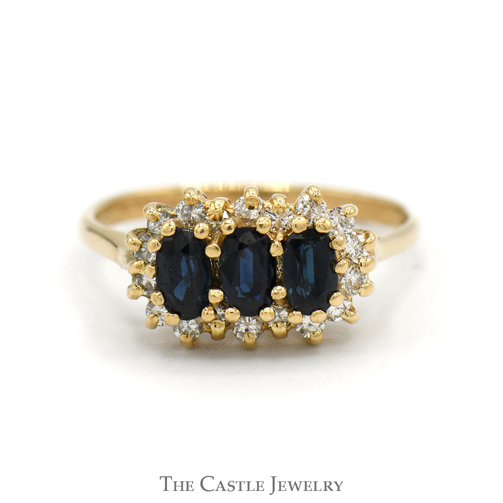 Three Stone Oval Sapphire Ring with Diamond Halos in 14k Yellow Gold