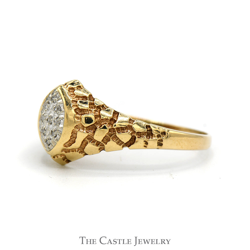 Marquise Shaped Illusion Diamond Cluster Ring with Nugget Textured Sides in 10k Yellow Gold