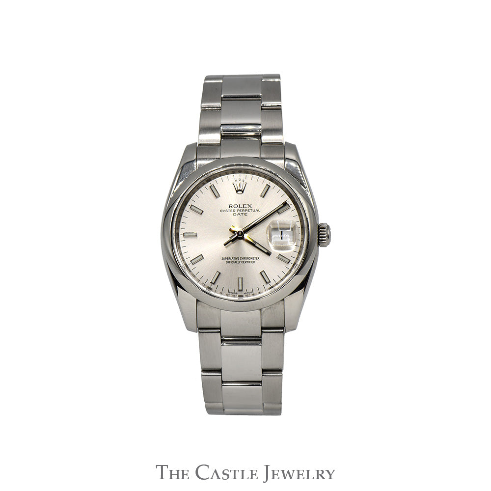 Rolex Oyster Perpetual Date 115200 with Silver Dial in Stainless Steel Oyster Bracelet with Original Box and Papers