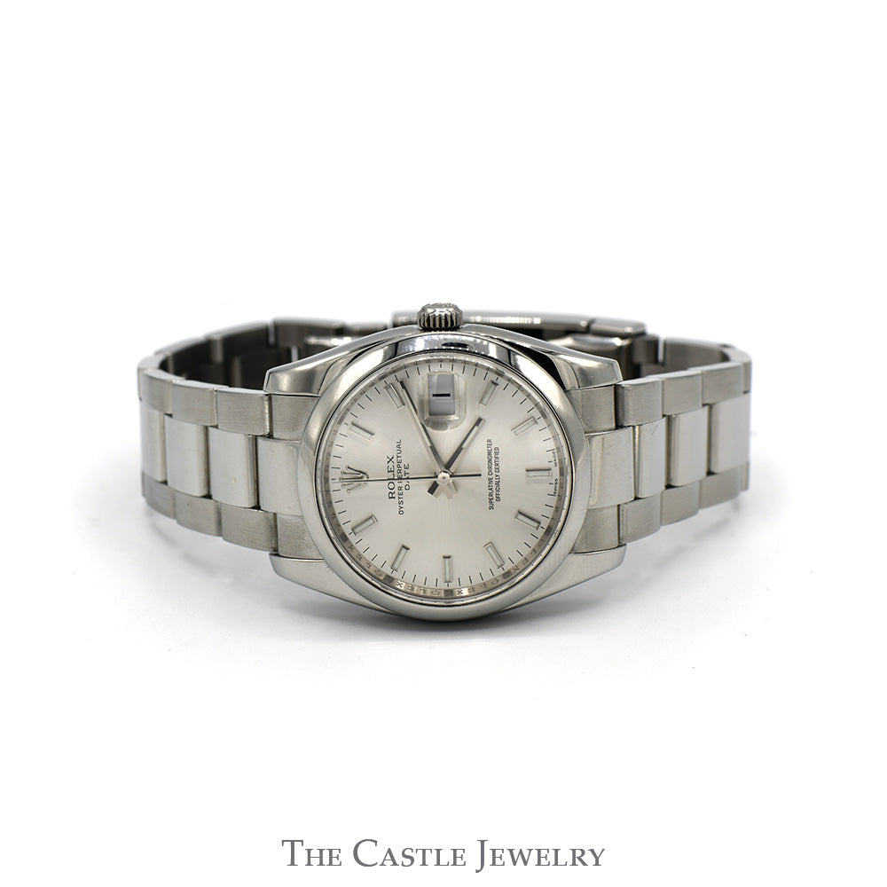 Rolex Oyster Perpetual Date 115200 with Silver Dial in Stainless Steel Oyster Bracelet with Original Box and Papers