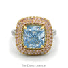 5ct Fancy Vivid Blue Cushion Cut Lab Grown Diamond Ring with Double Pink Diamond Halo in 14k White & Yellow Gold - Thumbnail 1