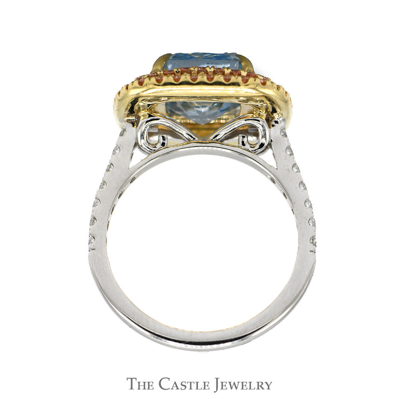 5ct Fancy Vivid Blue Cushion Cut Lab Grown Diamond Ring with Double Pink Diamond Halo in 14k White & Yellow Gold