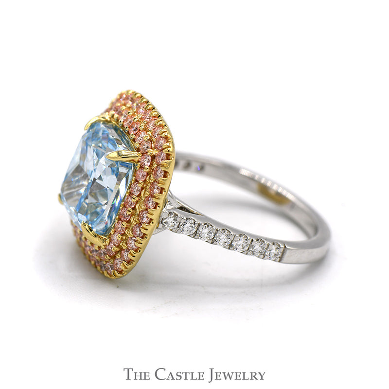 5ct Fancy Vivid Blue Cushion Cut Lab Grown Diamond Ring with Double Pink Diamond Halo in 14k White & Yellow Gold