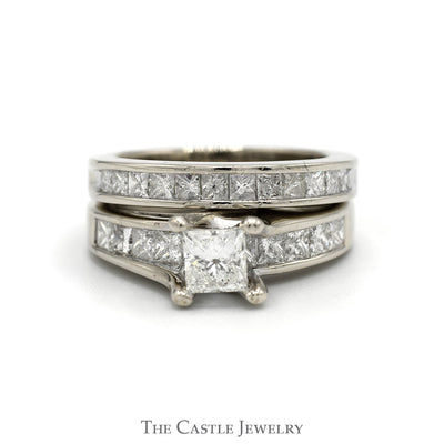 2cttw Princess Cut Diamond Bridal Set with Accented Sides and Matching Band in 14k White Gold