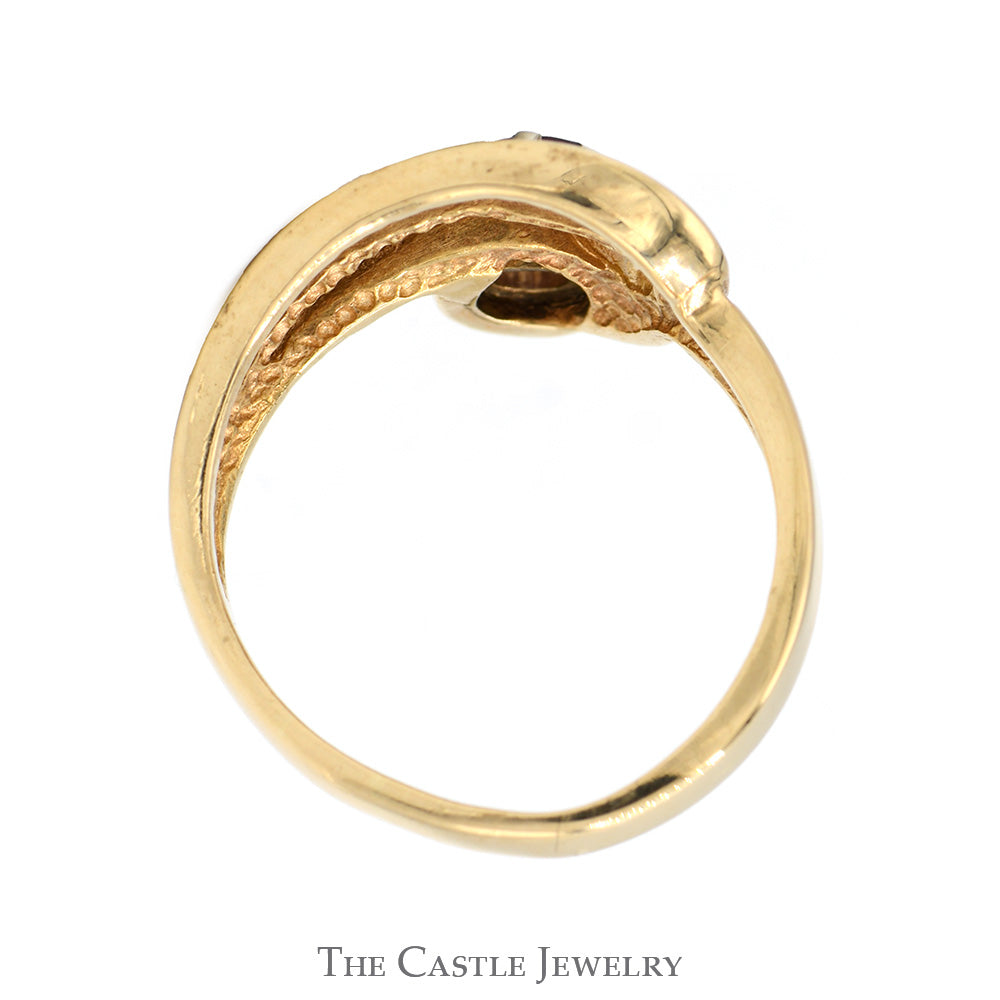 Round Ruby Solitaire Ring with Open Swirled Design in 10k Yellow Gold