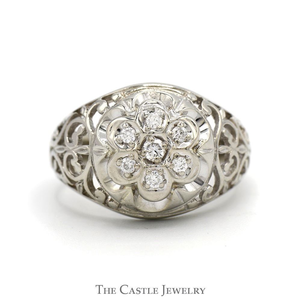 7 Round Diamond Kentucky Cluster Ring with Open Filigree Sides in 14k White Gold