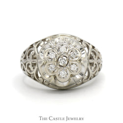 7 Round Diamond Kentucky Cluster Ring with Open Filigree Sides in 14k White Gold
