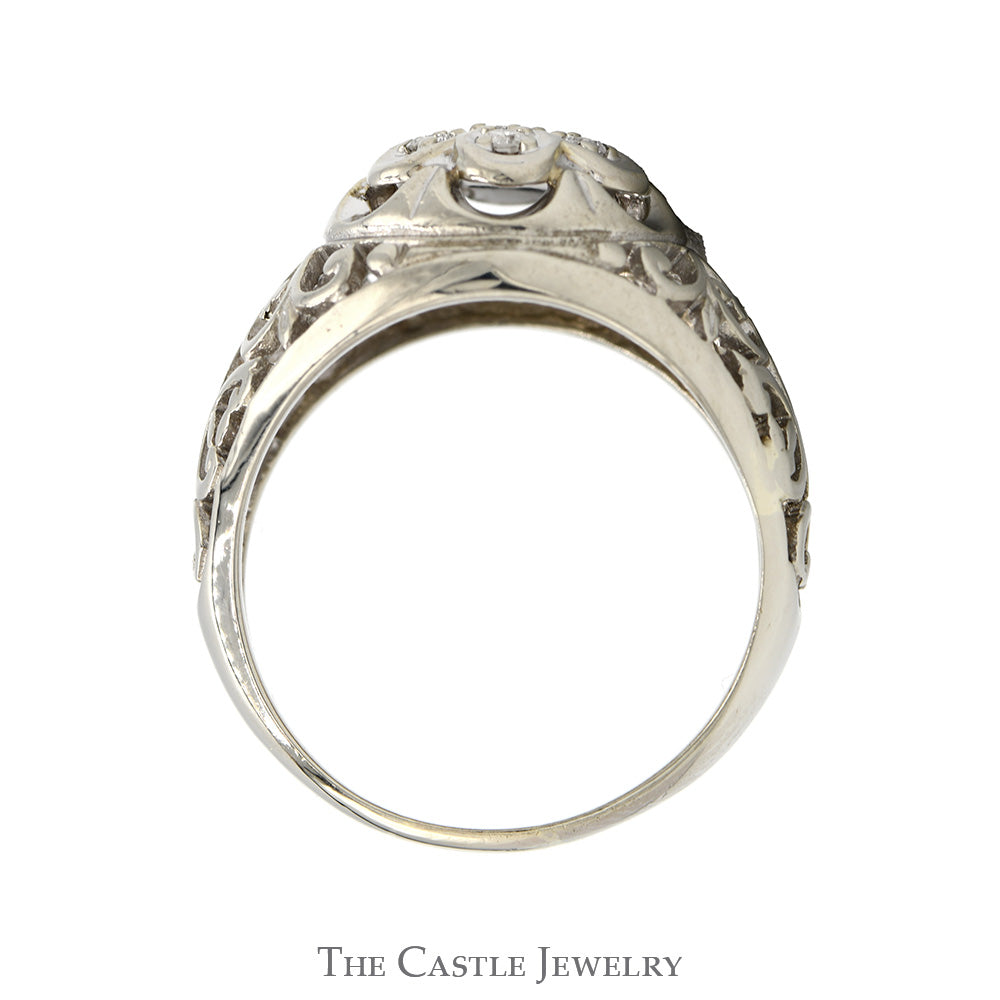 7 Round Diamond Kentucky Cluster Ring with Open Filigree Sides in 14k White Gold
