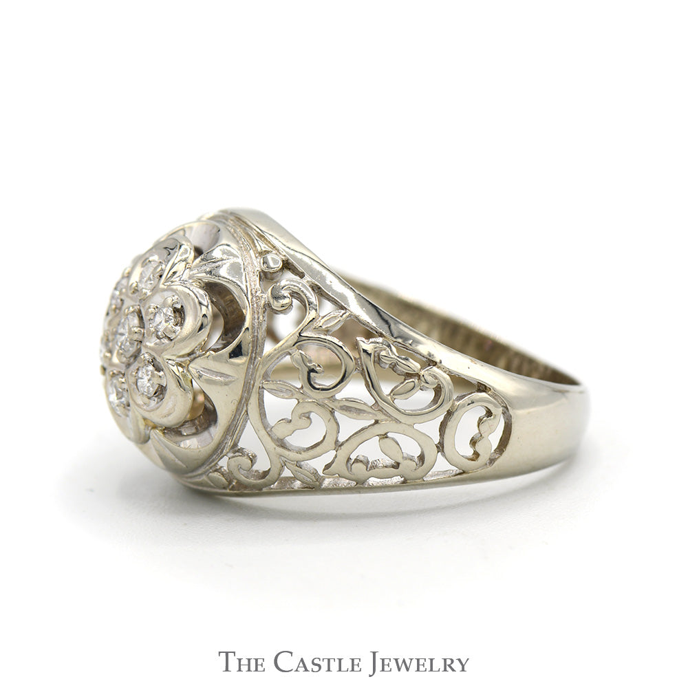 7 Round Diamond Kentucky Cluster Ring with Open Filigree Sides in 14k White Gold