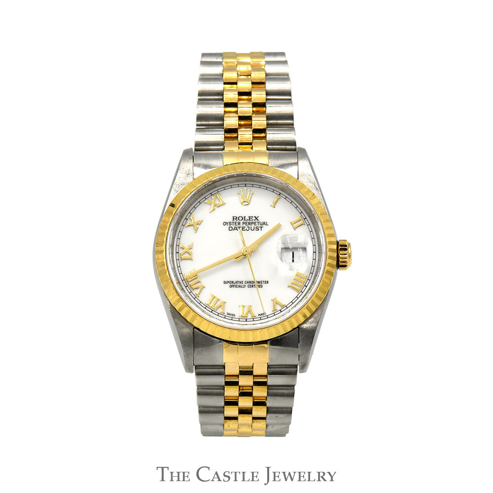 Rolex Datejust 16233 36mm with White Roman Numeral Dial & Two Tone Jubilee Bracelet in 18k & Stainless Steel