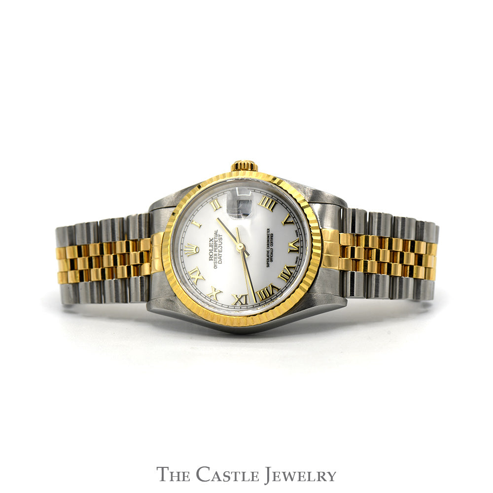 Rolex Datejust 16233 36mm with White Roman Numeral Dial & Two Tone Jubilee Bracelet in 18k & Stainless Steel