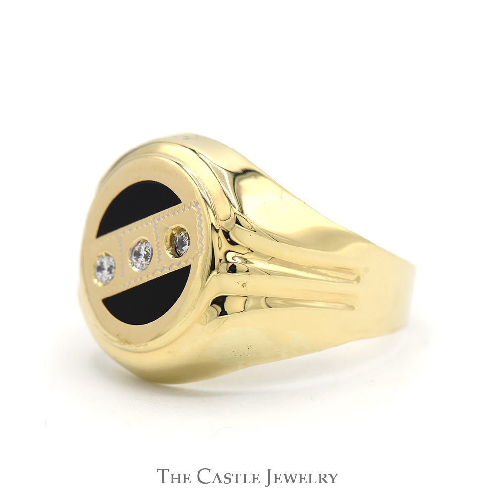Round Black Onyx Ring with 3 Cubic Zirconia Accents in 14k Yellow Gold
