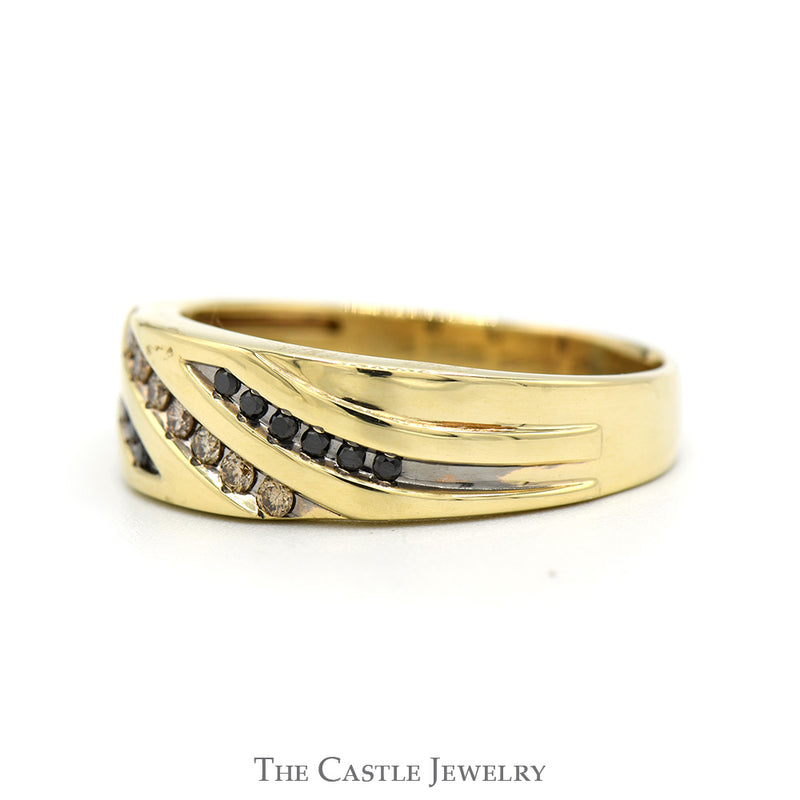 Diagonal Nick Set 1/3cttw Black & Champagne Diamond Men's Ring in 10k Yellow Gold