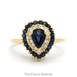 Pear Cut Sapphire Ring with Diamond & Sapphire Double Halo in 14k Yellow Gold