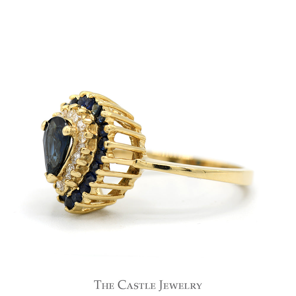 Pear Cut Sapphire Ring with Diamond & Sapphire Double Halo in 14k Yellow Gold