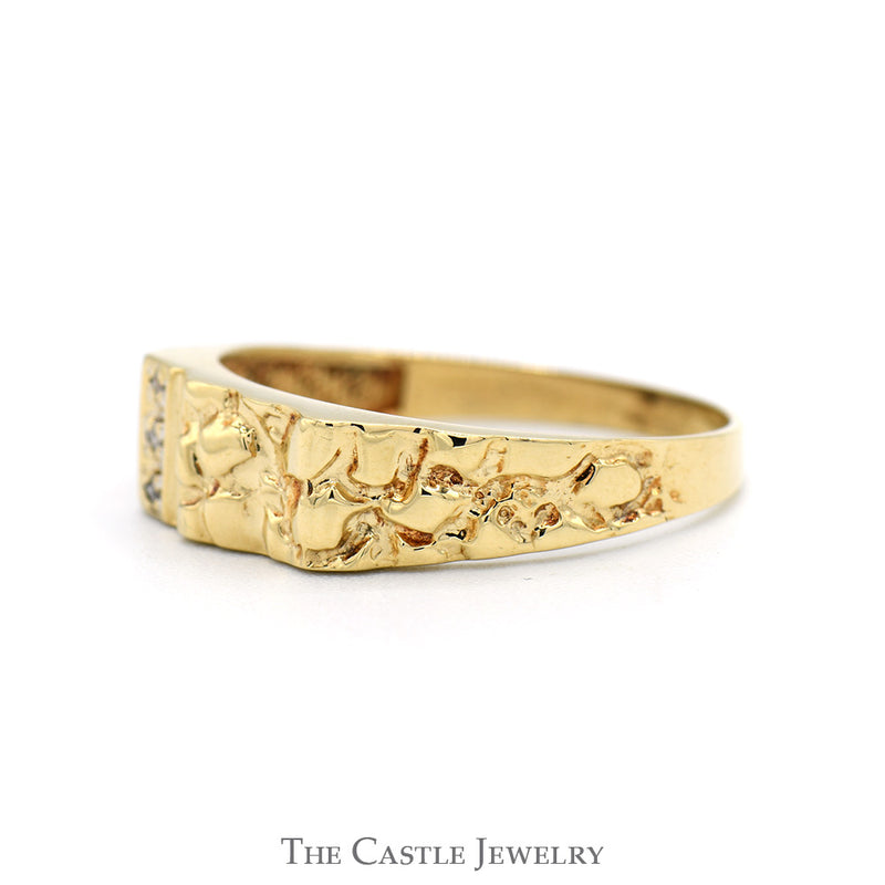 Vertically Set Illusion Diamond Ring with Nugget Textured Sides in 10k Yellow Gold