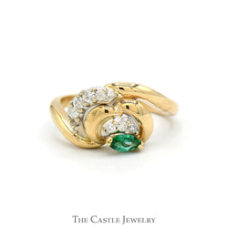 Marquise Cut Emerald Swirled Designed Ring with Diamond Accents in 14k Yellow Gold