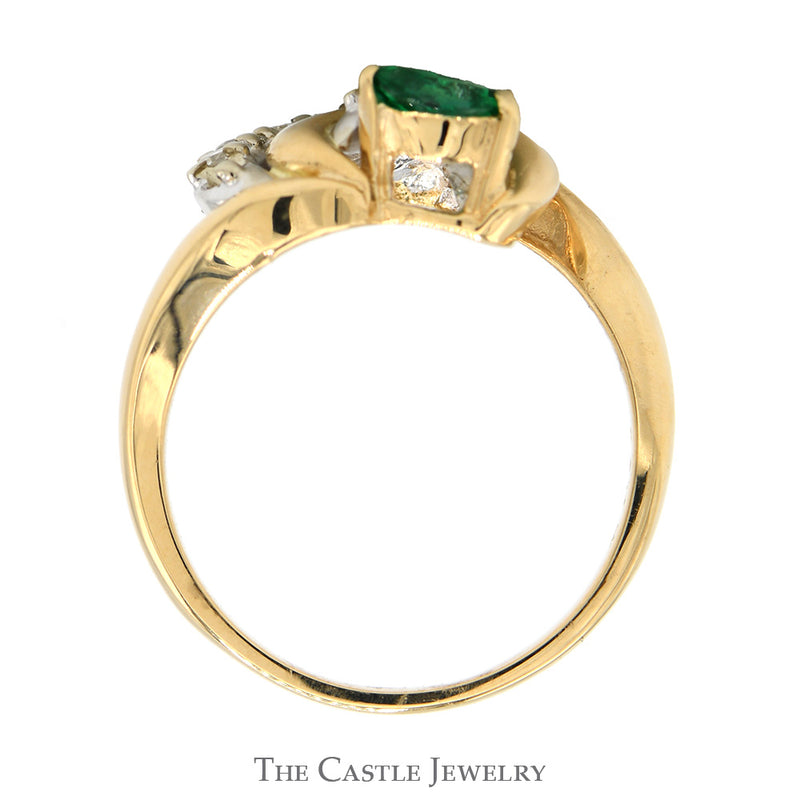Marquise Cut Emerald Swirled Designed Ring with Diamond Accents in 14k Yellow Gold