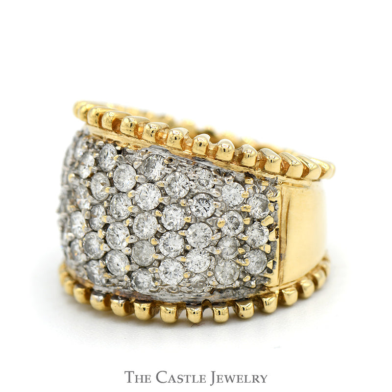 1.5cttw Wide Diamond Cluster Band with Beaded Edges in 14k Yellow Gold