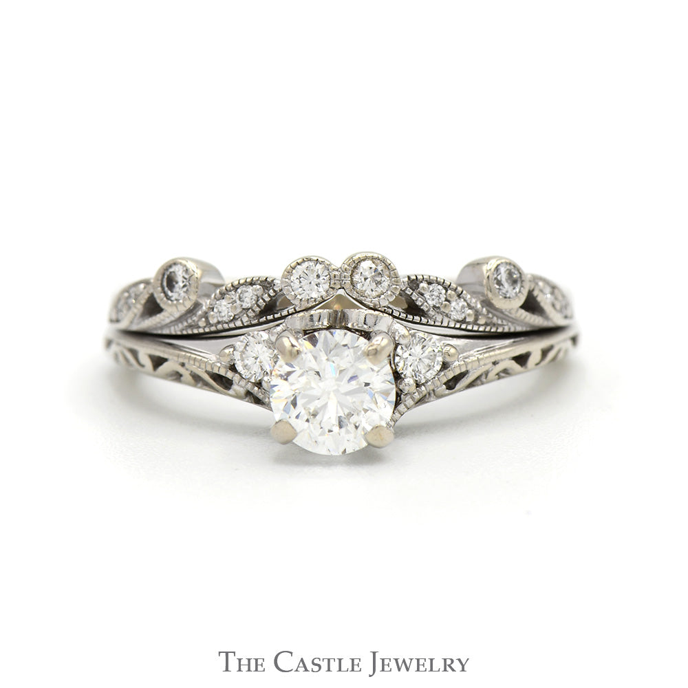 Shane & Co. Designer Round Diamond Bridal Set in Floral Mounting with Soldered Matching Band in 14k White Gold