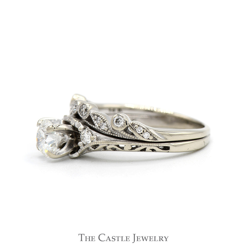 Shane & Co. Designer Round Diamond Bridal Set in Floral Mounting with Soldered Matching Band in 14k White Gold