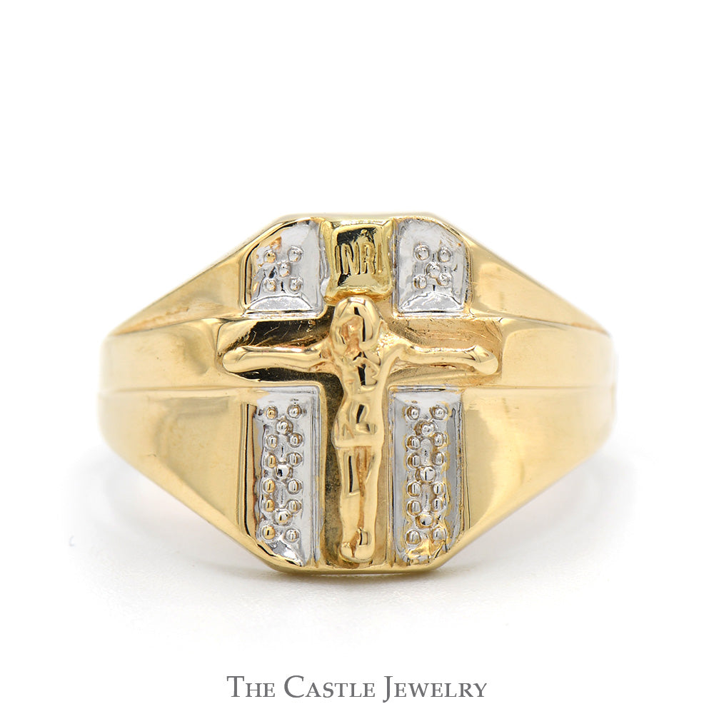10k Two Toned Crucifix Ring in White & Yellow Gold