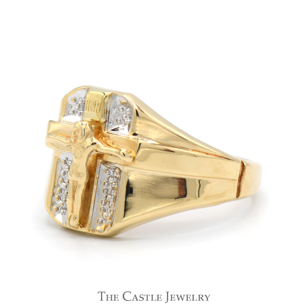 10k Two Toned Crucifix Ring in White & Yellow Gold