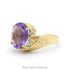 Oval Cut Amethyst Ring with Diamond Accented Ridged Sides in 10k Yellow Gold - Thumbnail 3