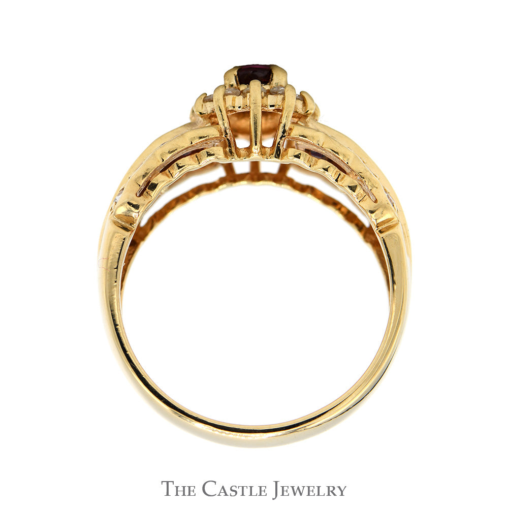 Oval Ruby Ring with Diamond Halo and Accented Sides in 14k Yellow Gold