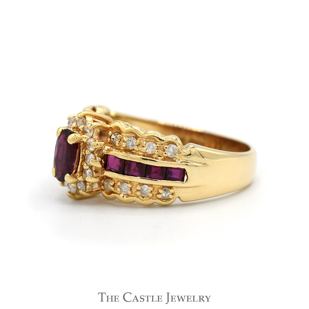 Oval Ruby Ring with Diamond Halo and Accented Sides in 14k Yellow Gold