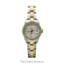 Ladies Rolex Datejust R79163 26mm Luxury Watch with Diamond Bezel and Silver Tapestry Dial in 14k Yellow Gold and Stainless Steel