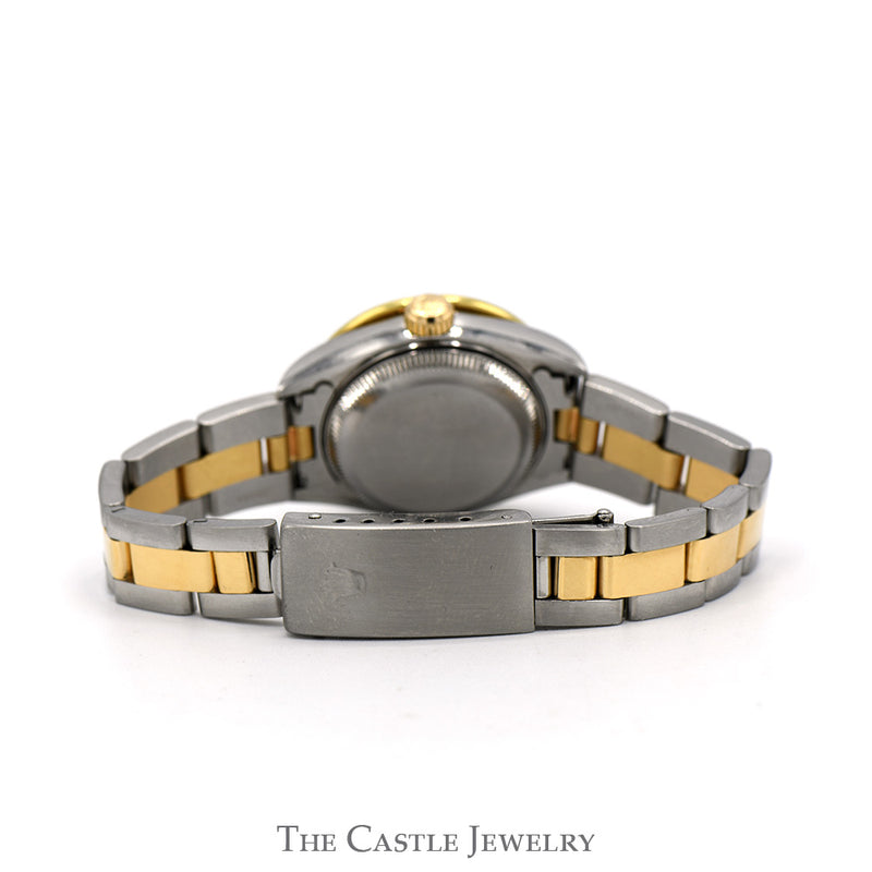 Ladies Rolex Datejust R79163 26mm Luxury Watch with Diamond Bezel and Silver Tapestry Dial in 14k Yellow Gold and Stainless Steel